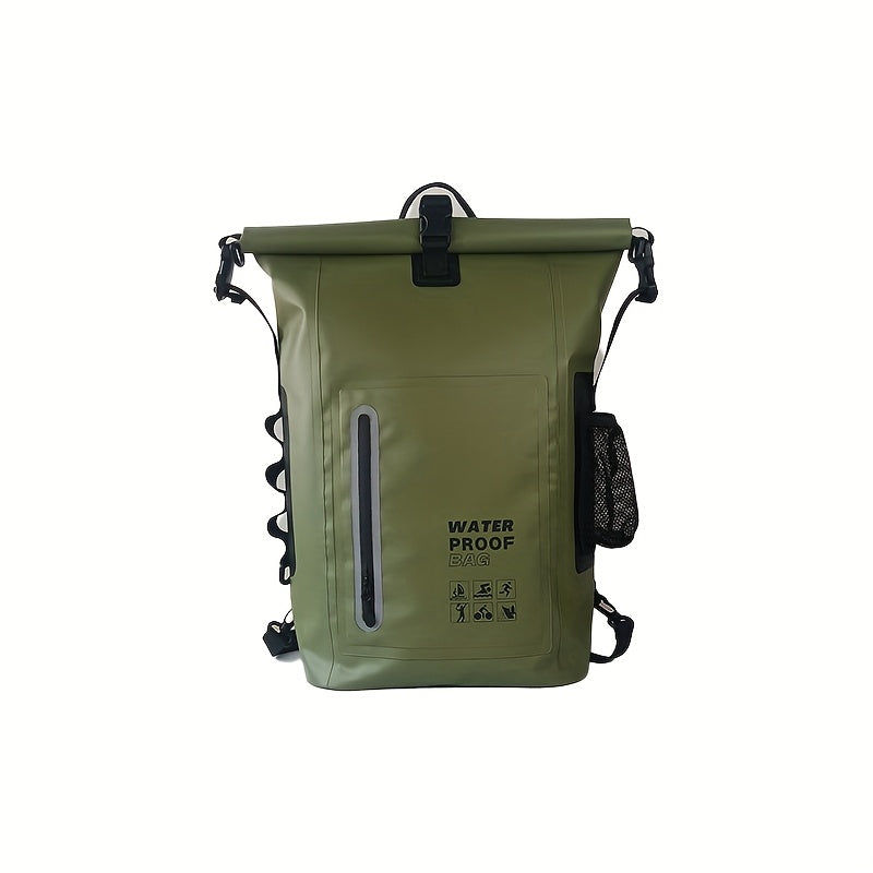 Waterdichte 25L roll-top rugzak met meerdere vakken, stevige gespafdichting en mesh zijvak