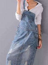 Rugslit Versleten Denim Dungaree Jurk
