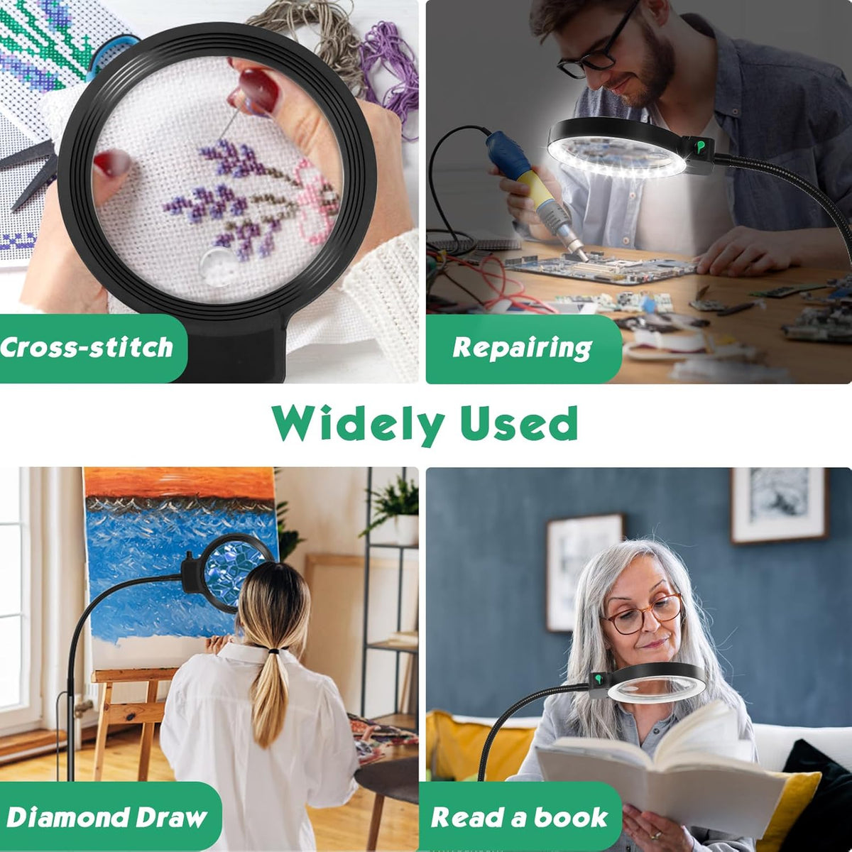 Full-sides vergrootglas met LED-licht – Handsfree leeshulp voor boeken, handwerk en hobby's
