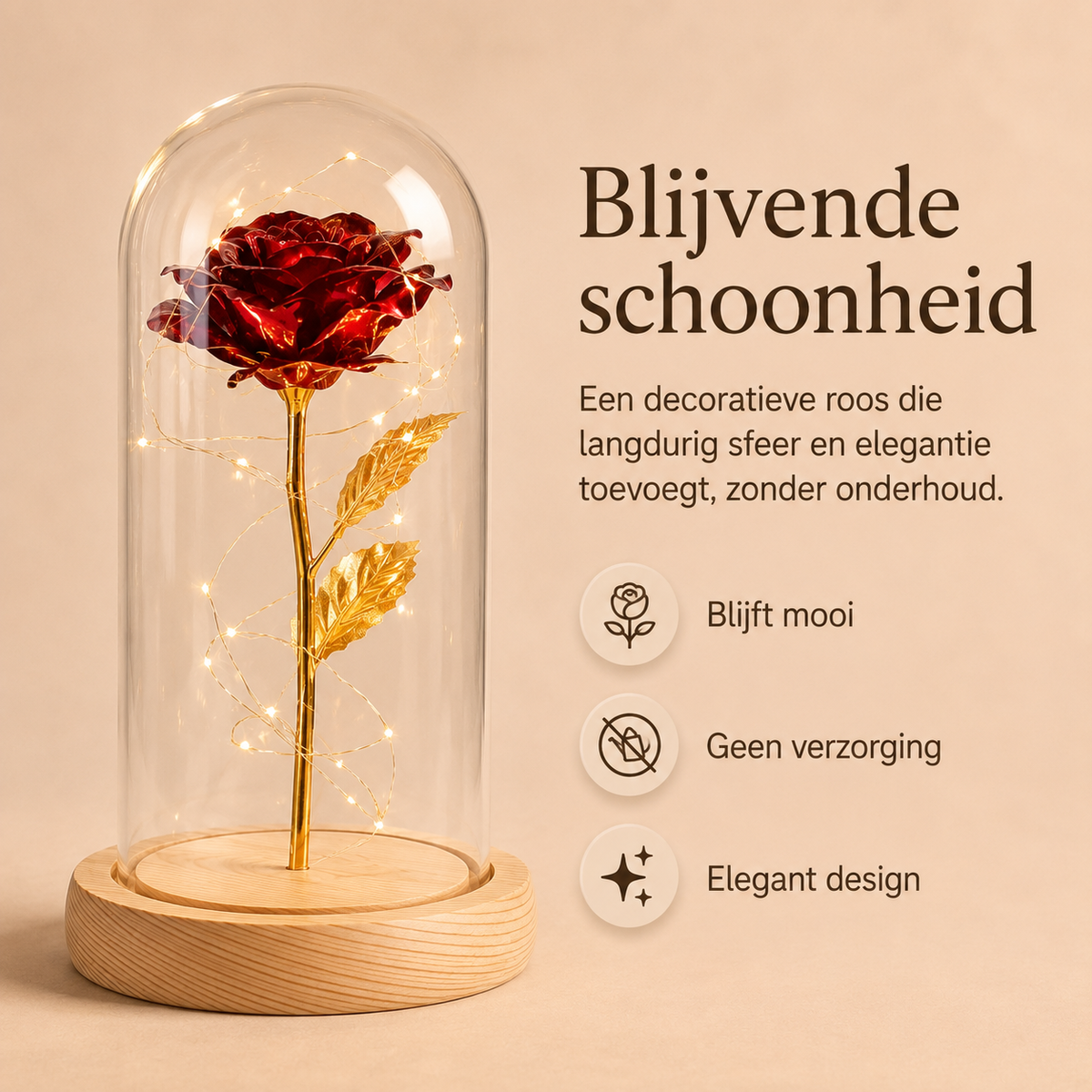 Eeuwige Roos | Gouden Roos in Glazen Stolp met LED-Verlichting