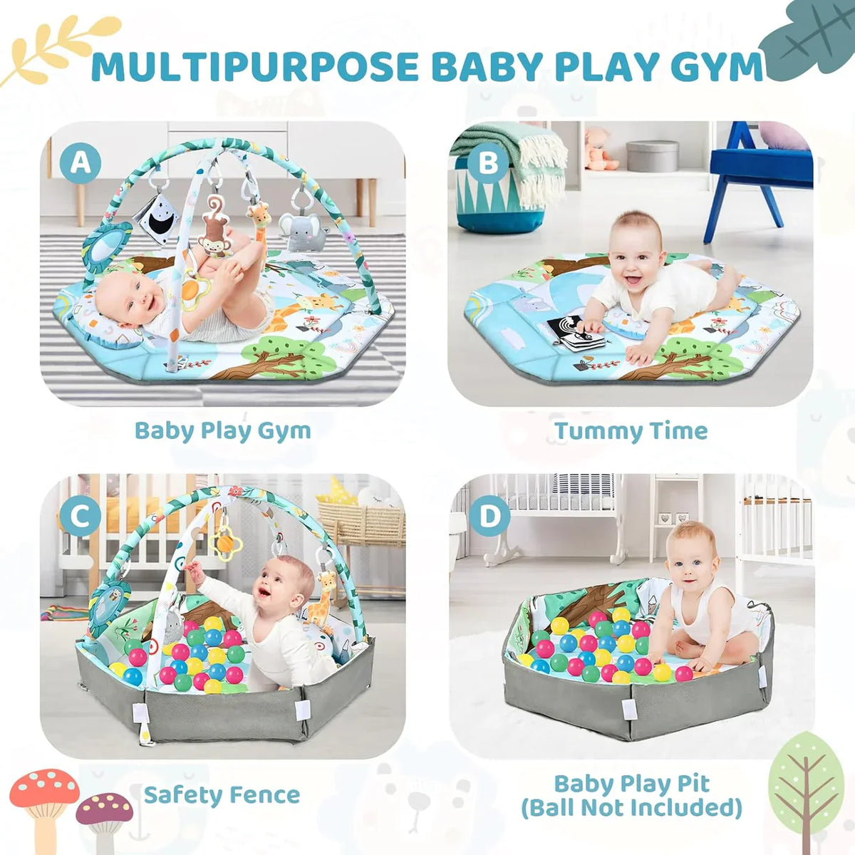 8-in-1 Baby Speelkleed met Ballenbak – Wasbare Baby Gym met Speeltjes voor Ontwikkeling & Buiktijd