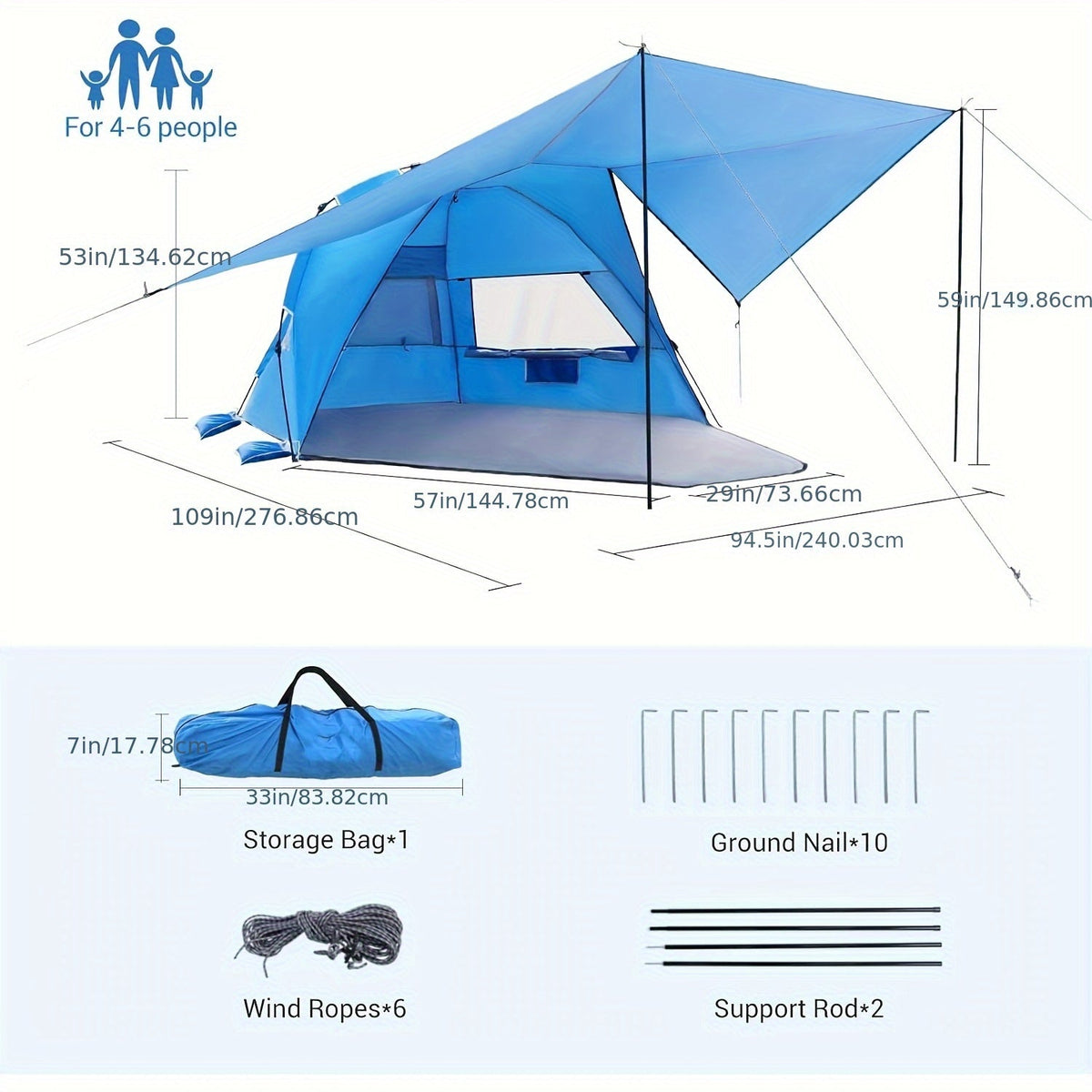 BreezeShield Strandtent – Lichtgewicht en Ruimtelijk voor 4-6 Personen