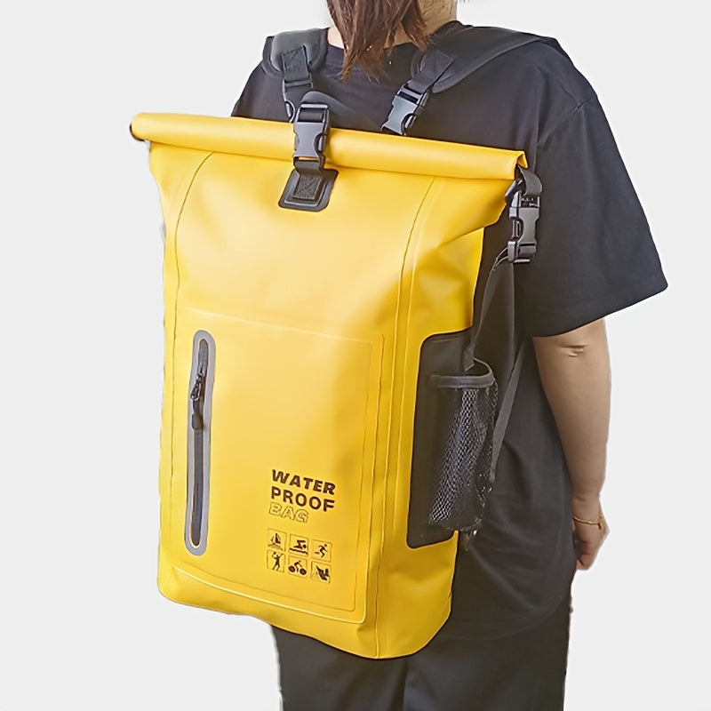 Waterdichte 25L roll-top rugzak met meerdere vakken, stevige gespafdichting en mesh zijvak