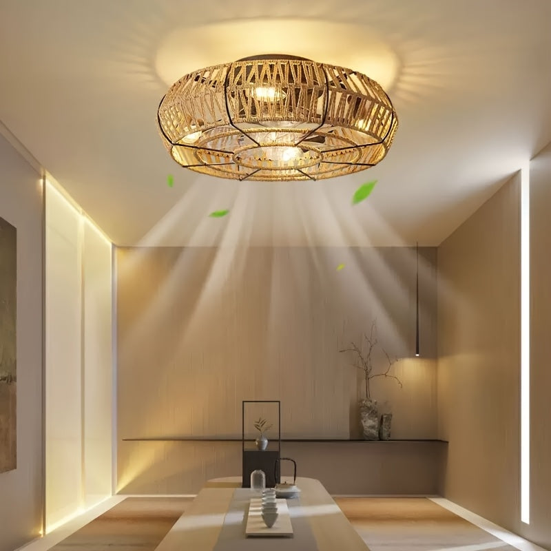 Amara luxe handgeweven rotan plafondventilator – fluisterstil pronkstuk in zen-stijl