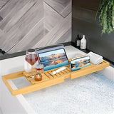 Solavera Bamboe Relax Tray | Uittrekbaar Badkuipblad | Duurzaam & Elegant | Met Glas- & Boekhouder voor Spa-genot Thuis