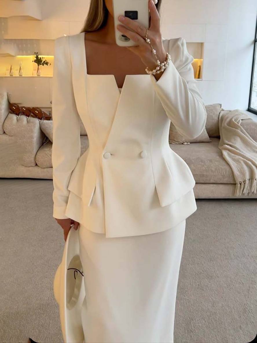 Elegante Tweedelige Kantoorset Voor Vrouwen - Blazer & Lange Rok