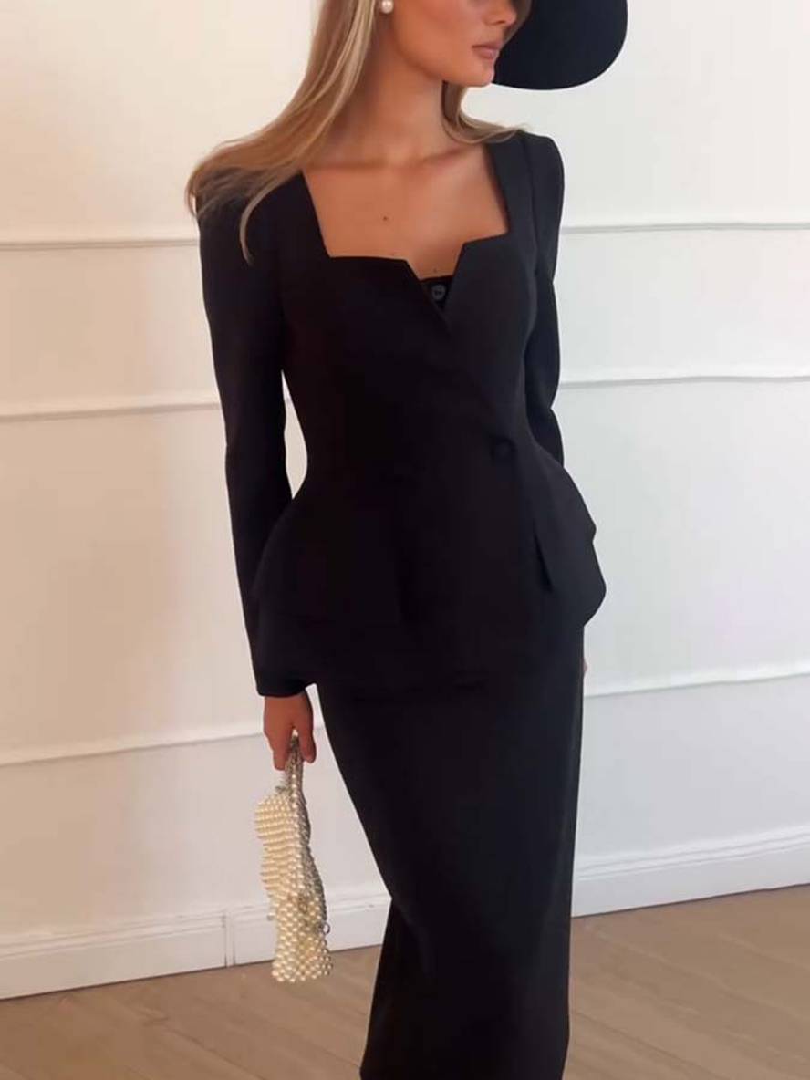 Elegante Tweedelige Kantoorset Voor Vrouwen - Blazer & Lange Rok