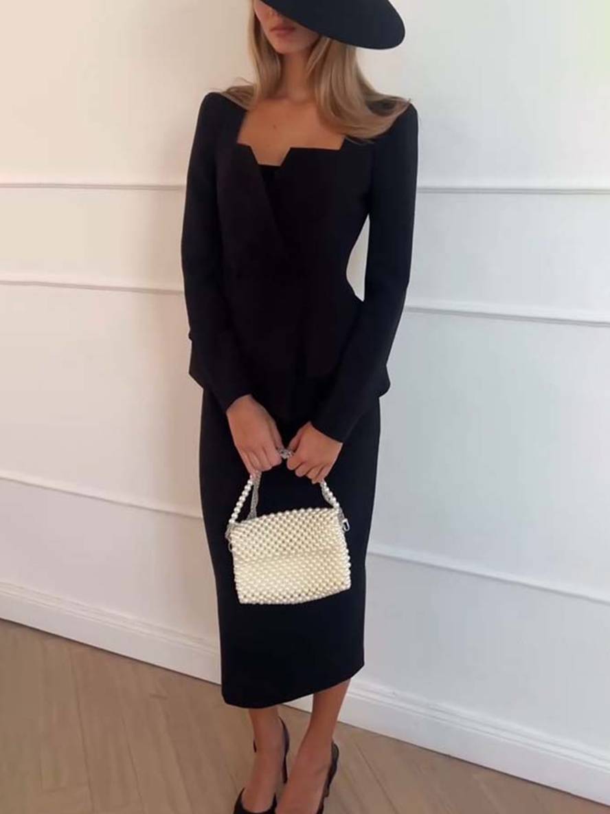 Elegante Tweedelige Kantoorset Voor Vrouwen - Blazer & Lange Rok