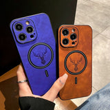 Luxueuze Hertenleer Apple iPhone Hoes | Magnetische Telefoonhoes, Draadloze Case, MagSafe, Draadloos Laden, Beschermhoes, Cover iPhone 15, 14, 13 Pro Max Plus