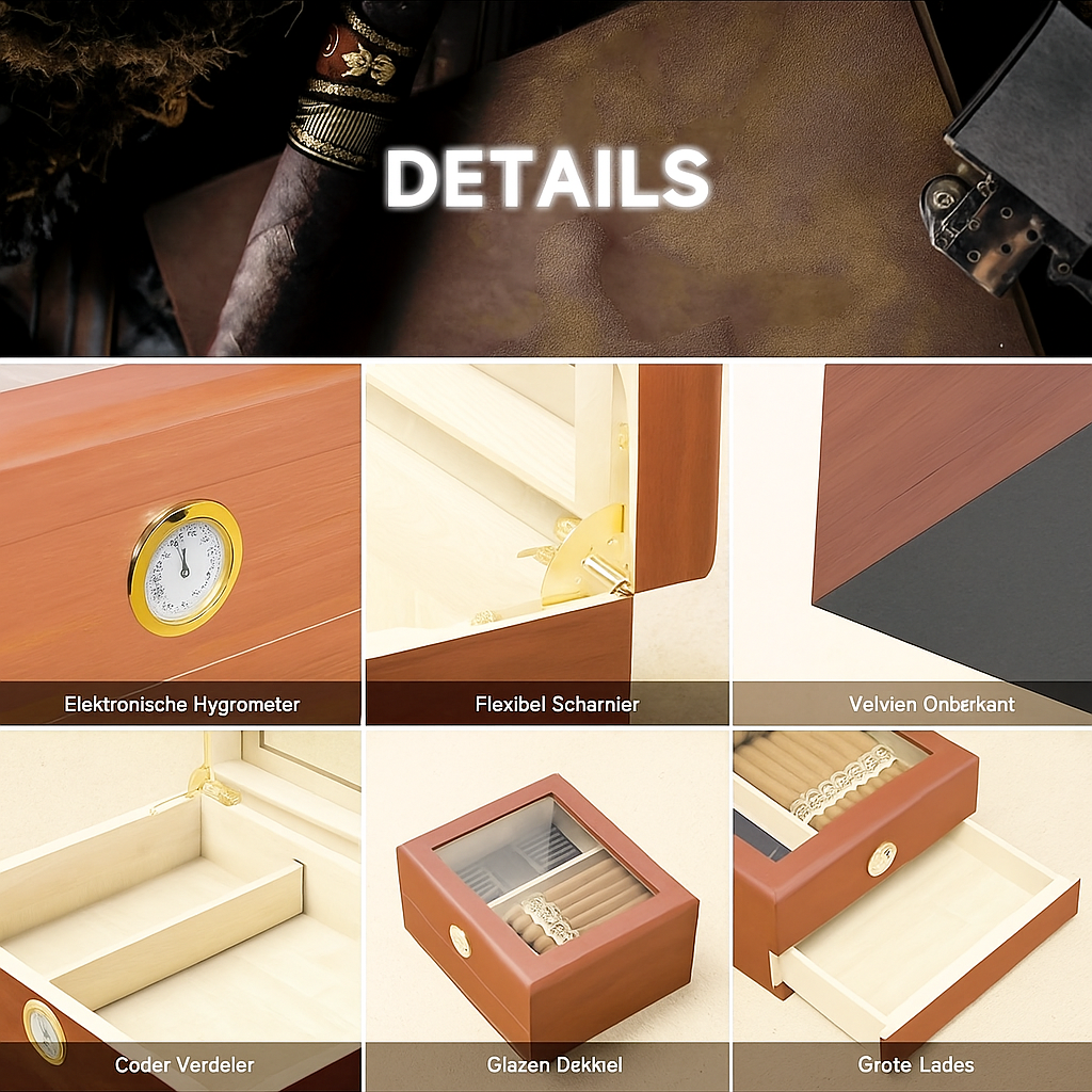 Luxe sigaren humidor met hygrometer | Sigarenaccessoire | Stijlvolle sigarenbox met bevochtiger en cederhouten binnenkant