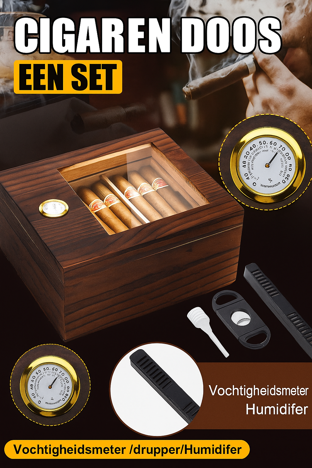 Sigarenkist van cederhout met glazen deksel | Sigarenaccessoire | Elegante humidor met hygrometer, bevochtiger en sigarenknipper