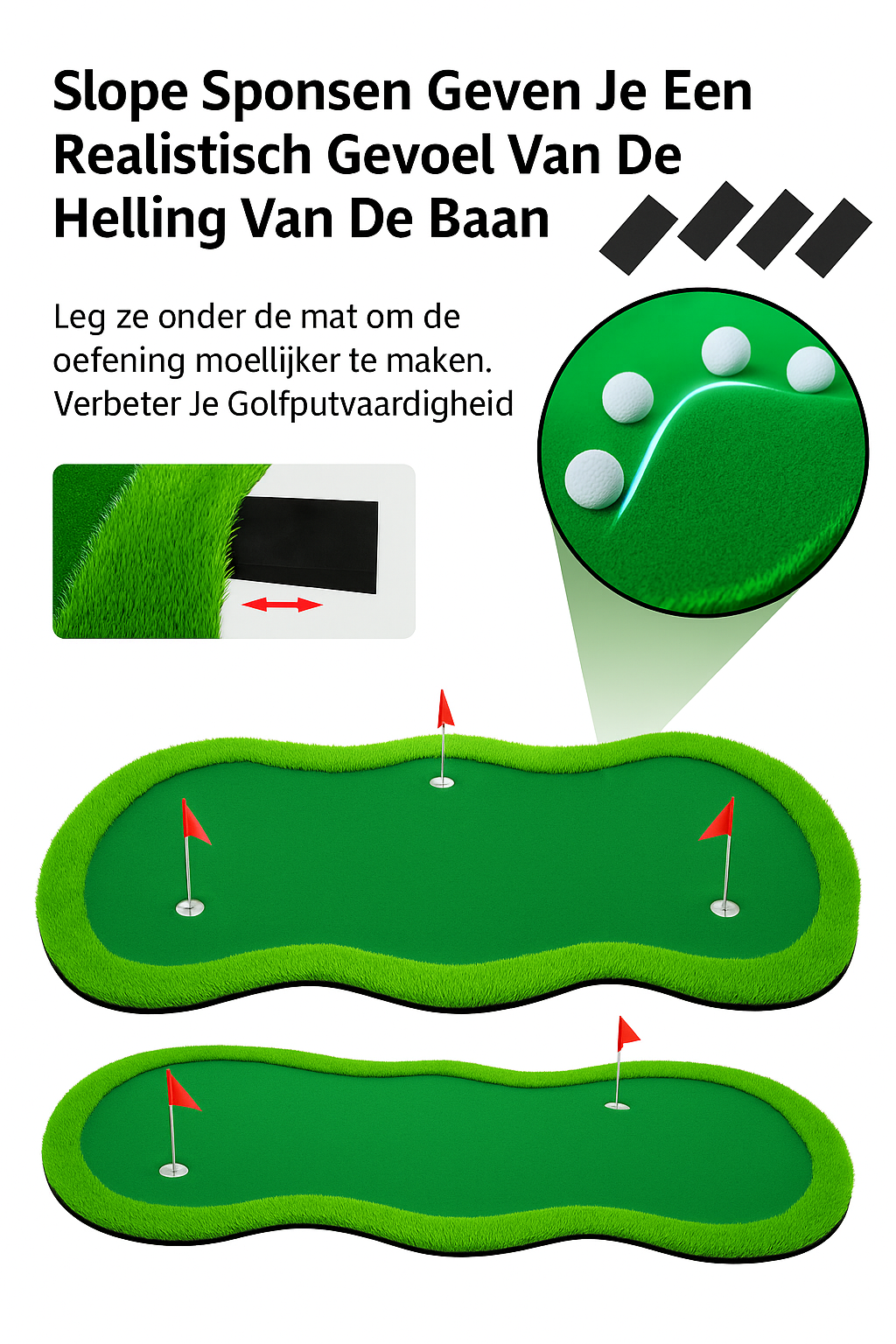 Grote Golf Putting Mat 152×305 cm | Indoor/Outdoor Golfmat | 3 Holes met Vlaggen & Cups voor Oefening