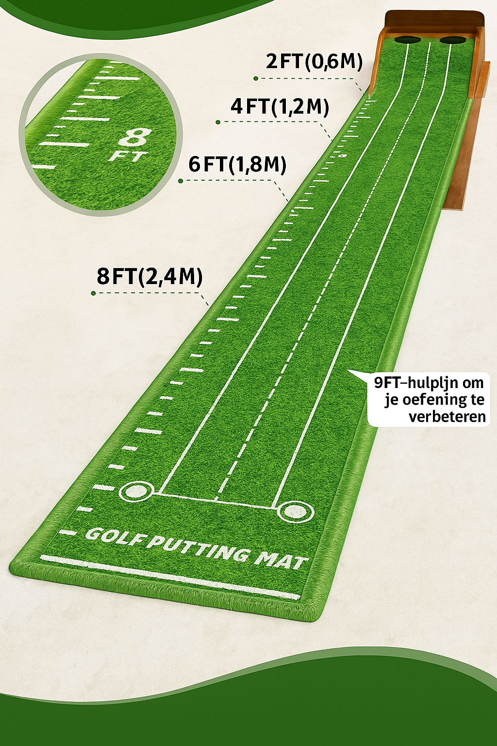 SIYA – Golf Putting Mat met Auto Ball Return | Puttingmat met Houten Basis | Luxe Oefenmat voor Binnen en Buiten