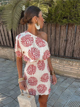 Nathalia - one-shoulder mini jurk | One-Shoulder Jurk Dames Rood | Chique Mini Jurk | Zomerjurk met Chique Print | Feestjurk voor Avondje Uit | Comfortabele Pasvorm | Maat S - 3XL