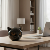 NoirCat Sculptuur | Hoogglans Hars Kat Hoofd Buste | Reflectieve Marmer-Gemodelleerde Afwerking | Hoog-Contrast Pupil Dilation Optiek | Desktop Anatomisch Feline Model | Niet-Poreus Gewogen Kunstobject