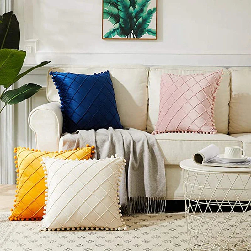 Inyahome Fluwelen Taille Sierkussen Met Pompom Effen Kleur Decoratief