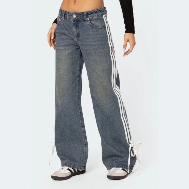 Wijdere Jeans met Strepen en Vetersluiting - Mila