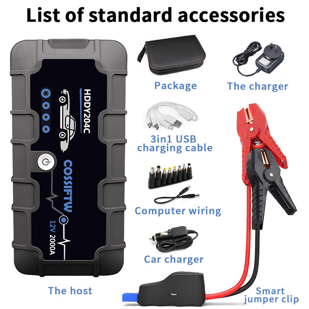 2000A UltraSafe Auto 12V Jump Starter Accupack, Batterij Booster, Jump Box, Draagbare Lader en Startkabels voor 6.0L Benzine en 3.0L Diesel Motoren