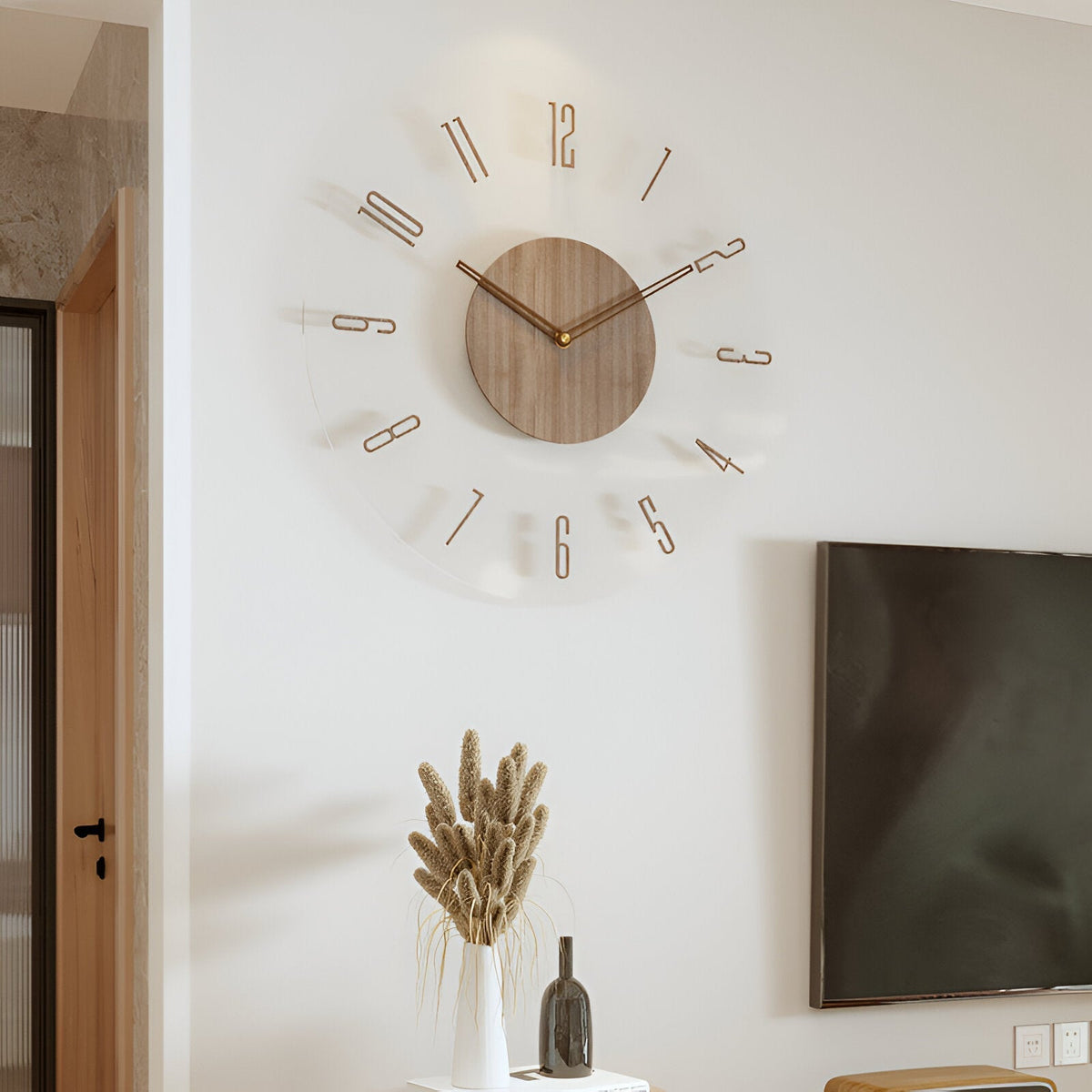 ClearWood Stille Wandklok – Eigentijds Hout‑en‑Acryl Design
