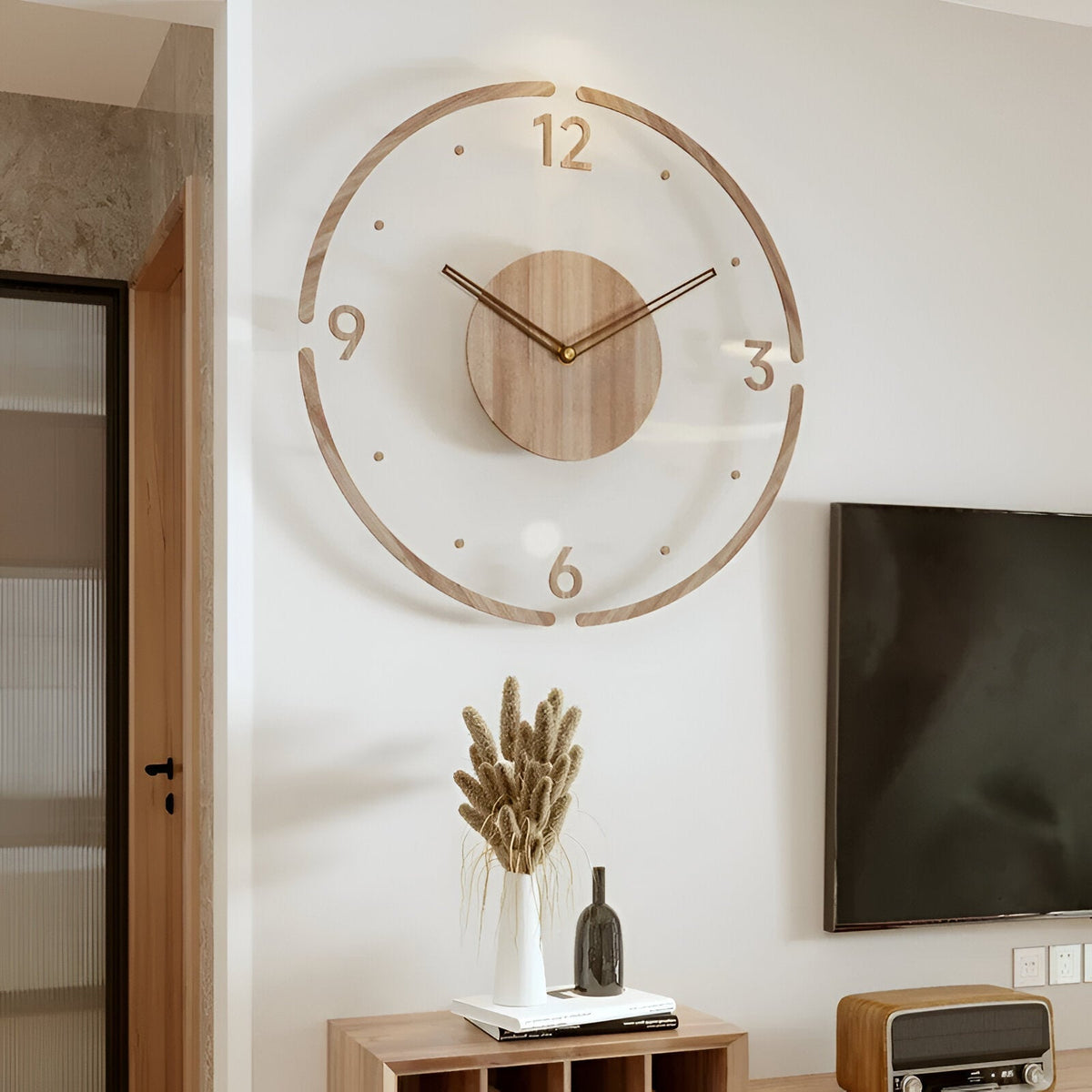 ClearWood Stille Wandklok – Eigentijds Hout‑en‑Acryl Design