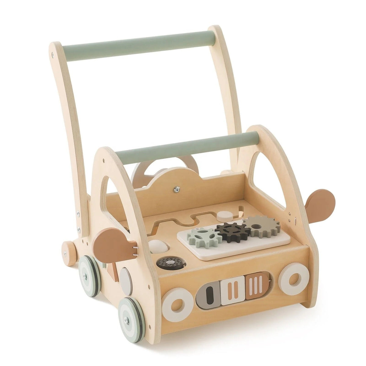 Houten loopwagen met Montessori-speelstukken en spiegels