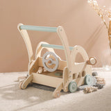 Houten loopwagen met Montessori-speelstukken en spiegels