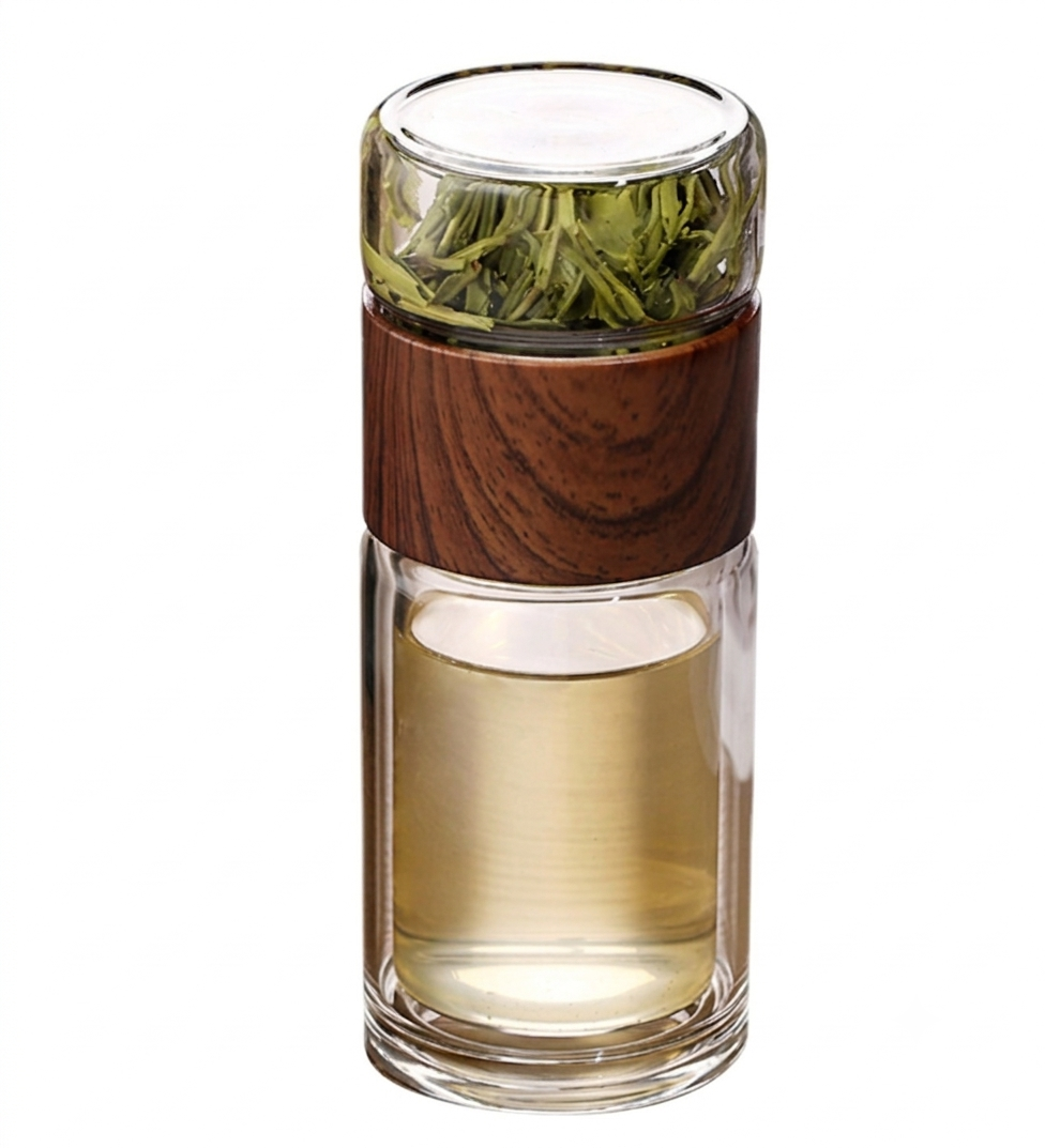 WoodGlass Thermo – Doorzichtige Draagbare Warmhoudfles met Theefilter voor Gezonde Dranken On-the-Go