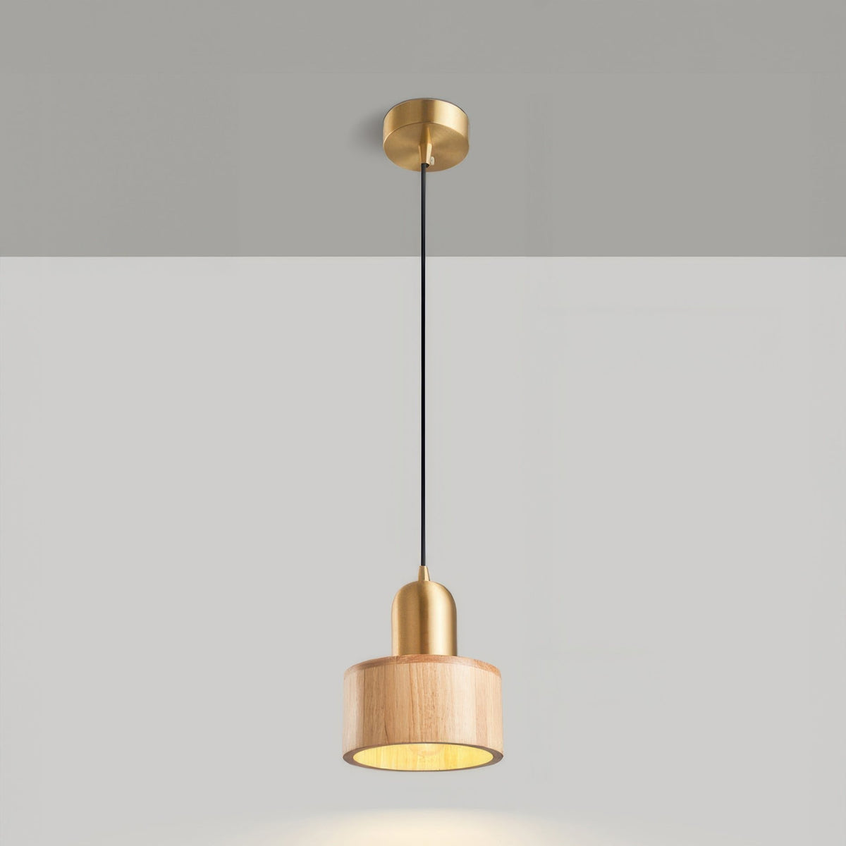 Japanse Cilinder Hanglamp – Minimalistische Messing & Houten LED Hanglamp