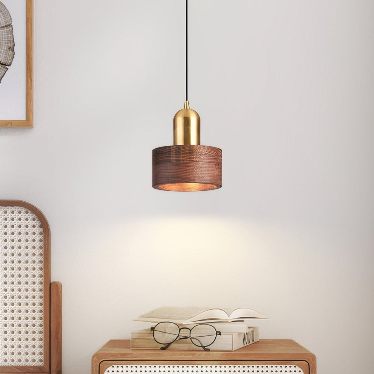 Japanse Cilinder Hanglamp – Minimalistische Messing & Houten LED Hanglamp