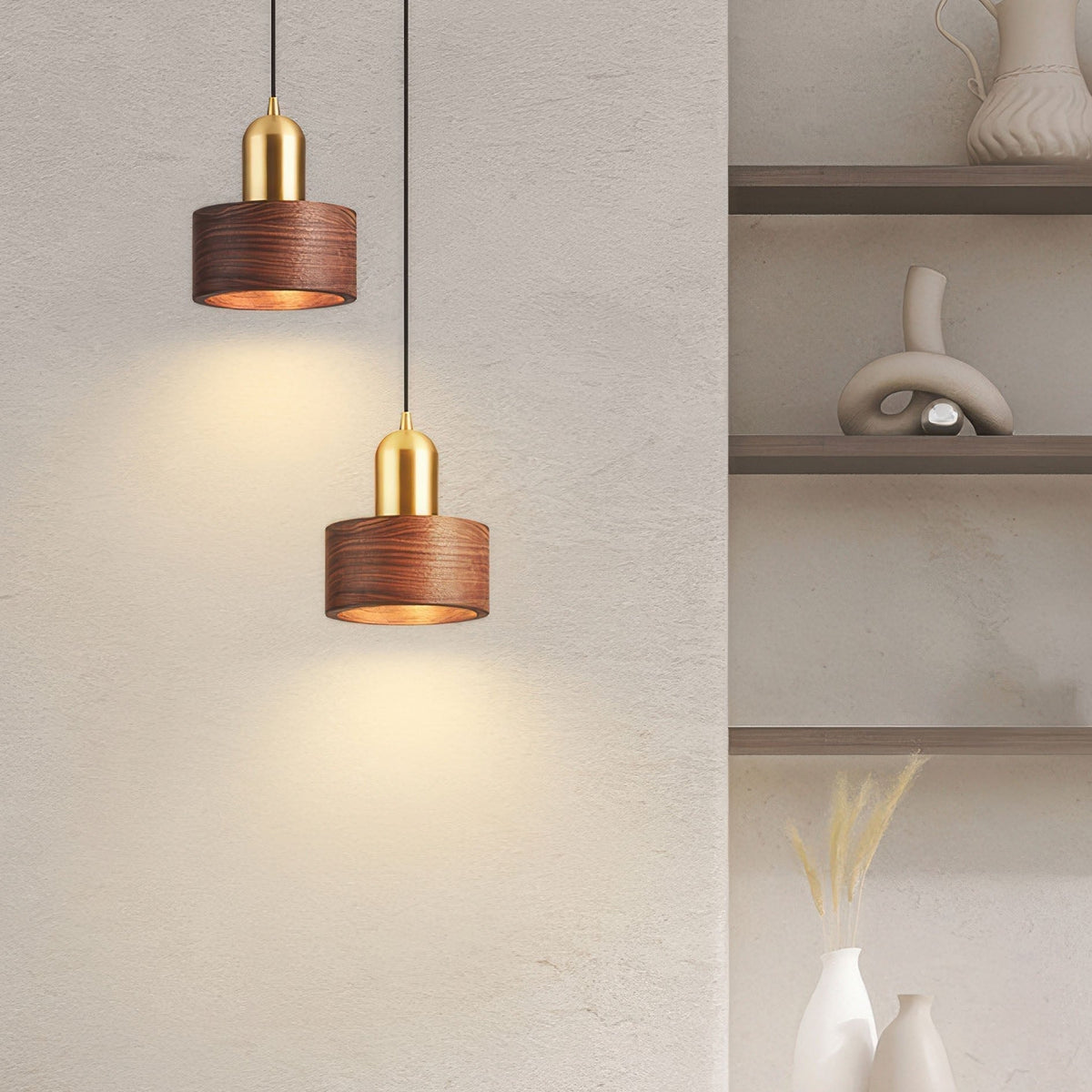 Japanse Cilinder Hanglamp – Minimalistische Messing & Houten LED Hanglamp