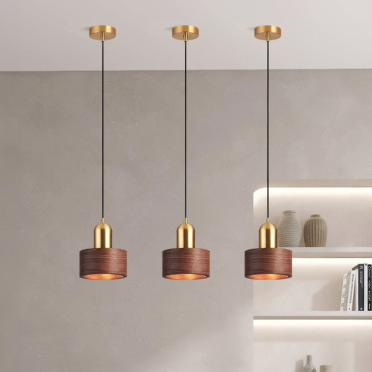 Japanse Cilinder Hanglamp – Minimalistische Messing & Houten LED Hanglamp