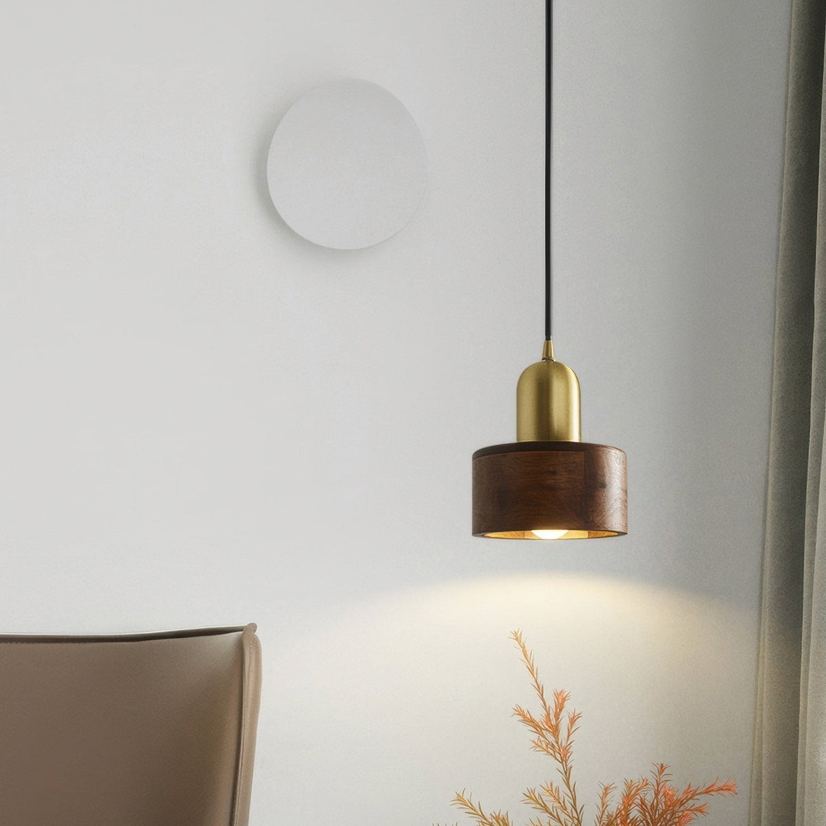 Japanse Cilinder Hanglamp – Minimalistische Messing & Houten LED Hanglamp