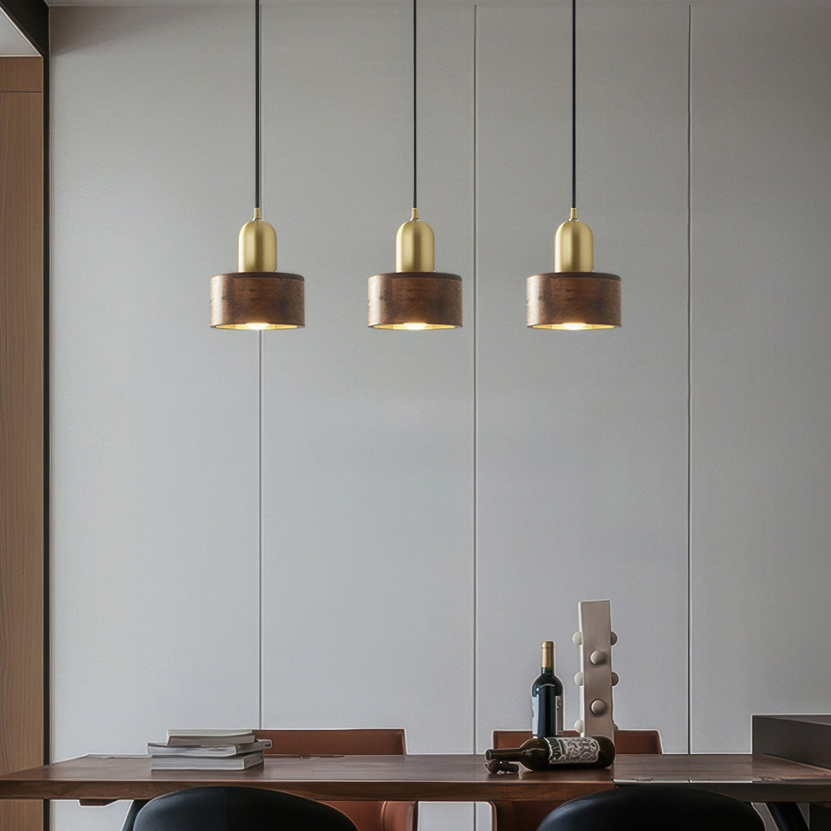 Japanse Cilinder Hanglamp – Minimalistische Messing & Houten LED Hanglamp