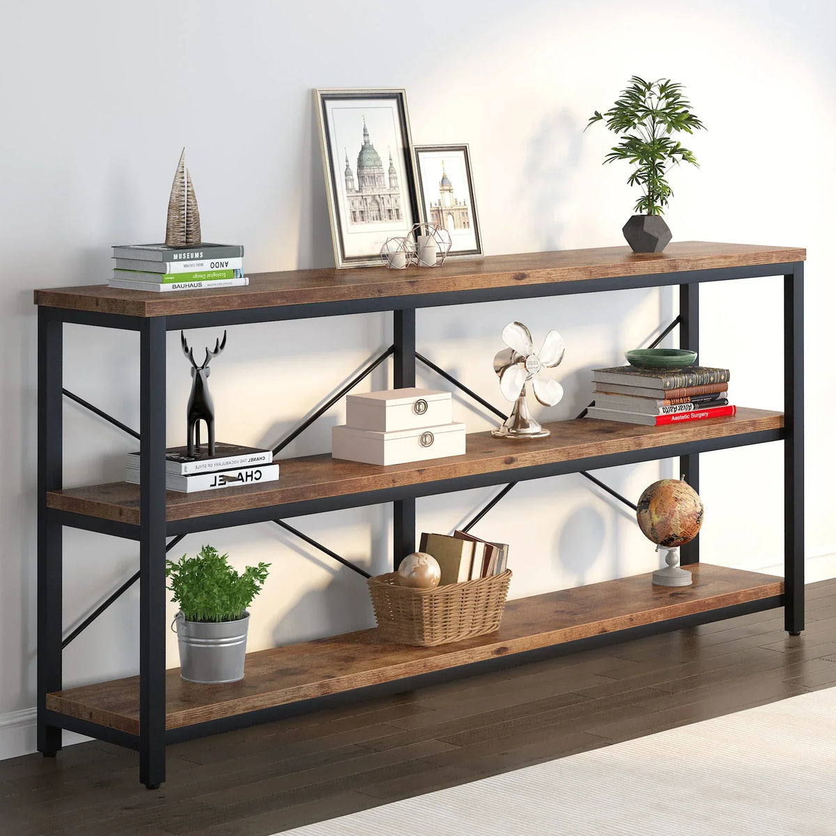 Tribesigns Consoletafel – Extra Lang, 3-Lagen Opslag, Industrieel Design met Metaal & Houtlook voor Woonkamer of Hal