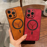 Luxueuze Hertenleer Apple iPhone Hoes | Magnetische Telefoonhoes, Draadloze Case, MagSafe, Draadloos Laden, Beschermhoes, Cover iPhone 15, 14, 13 Pro Max Plus