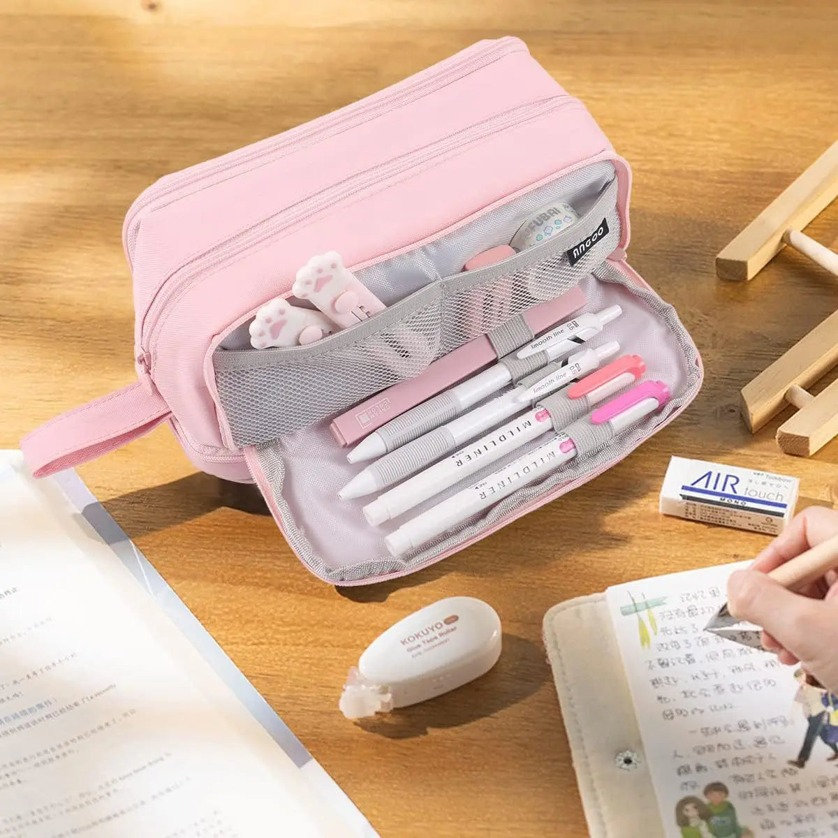 Zwarte canvas pennenzak met liniaalvak | Pennenzak | Dubbele laag etui voor schoolgebruik