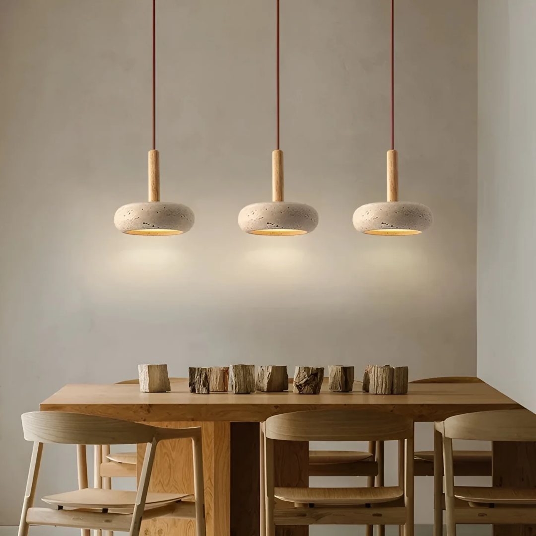 LED Retro Japanse Lamp | TranquilHalo | Verstelbare Hanghoogte | Geel Grottensteen & Hout | Ø 15cm Hanger | Max 2m Snoer | Eenvoudige Montage | Rustgevend Ontwerp
