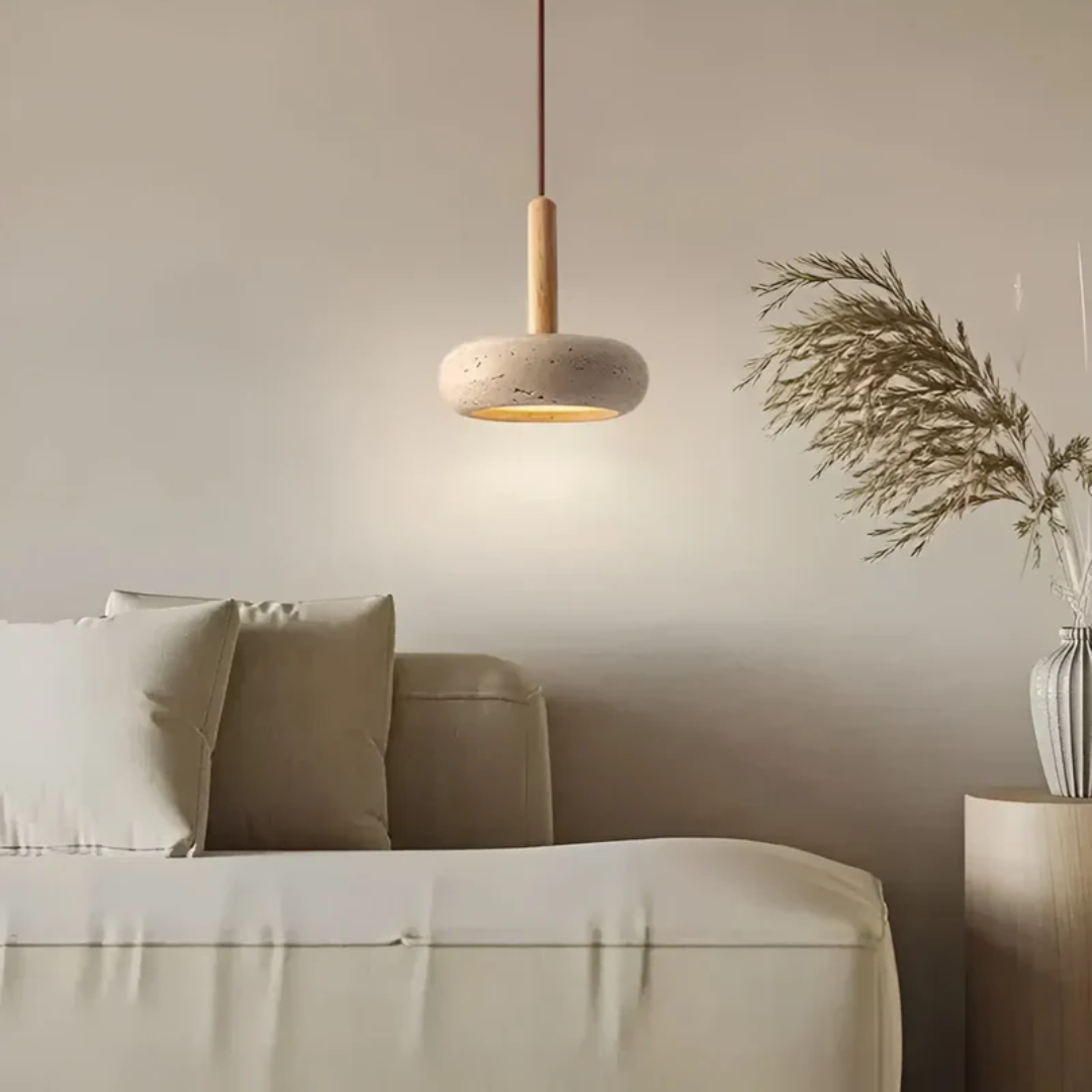LED Retro Japanse Lamp | TranquilHalo | Verstelbare Hanghoogte | Geel Grottensteen & Hout | Ø 15cm Hanger | Max 2m Snoer | Eenvoudige Montage | Rustgevend Ontwerp