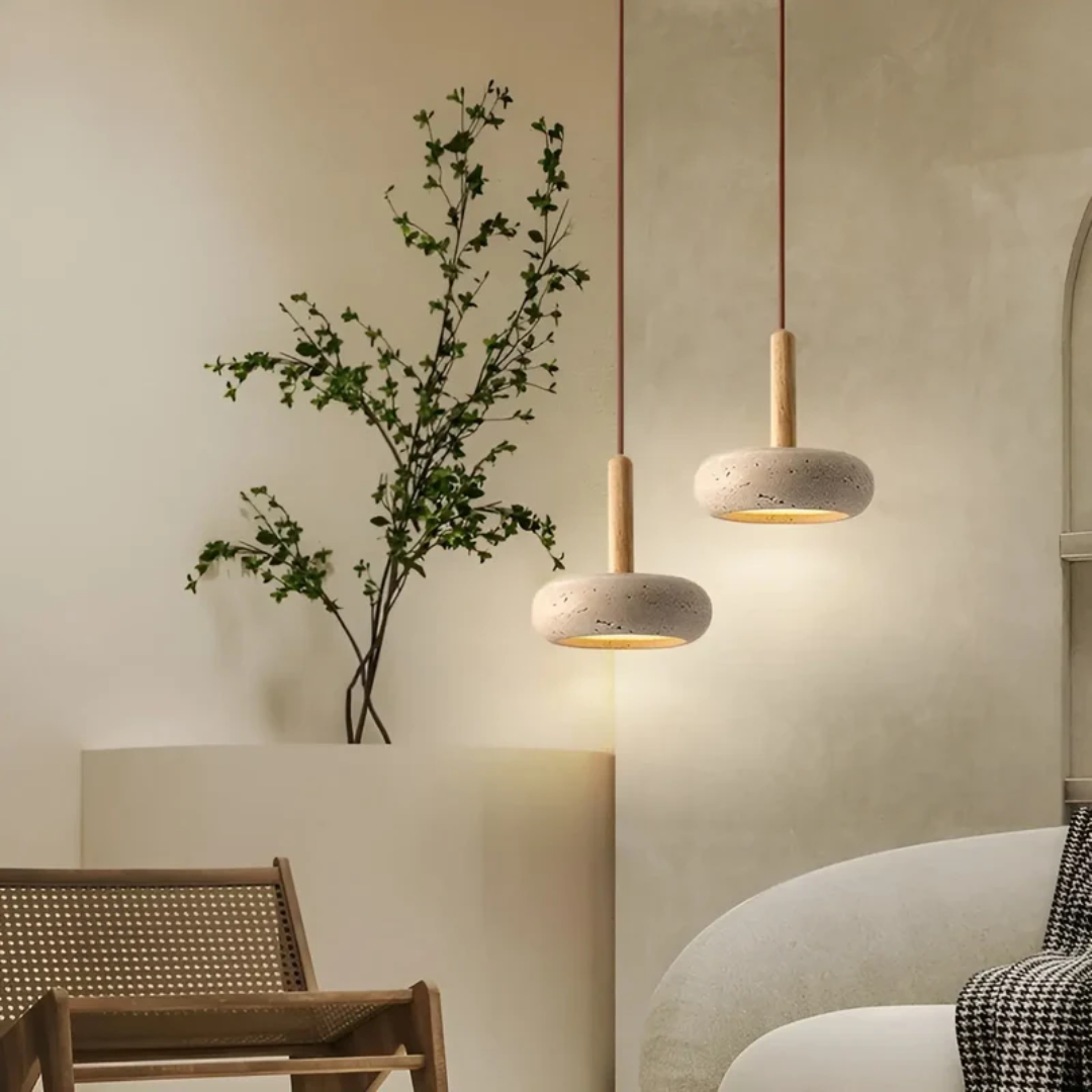 LED Retro Japanse Lamp | TranquilHalo | Verstelbare Hanghoogte | Geel Grottensteen & Hout | Ø 15cm Hanger | Max 2m Snoer | Eenvoudige Montage | Rustgevend Ontwerp
