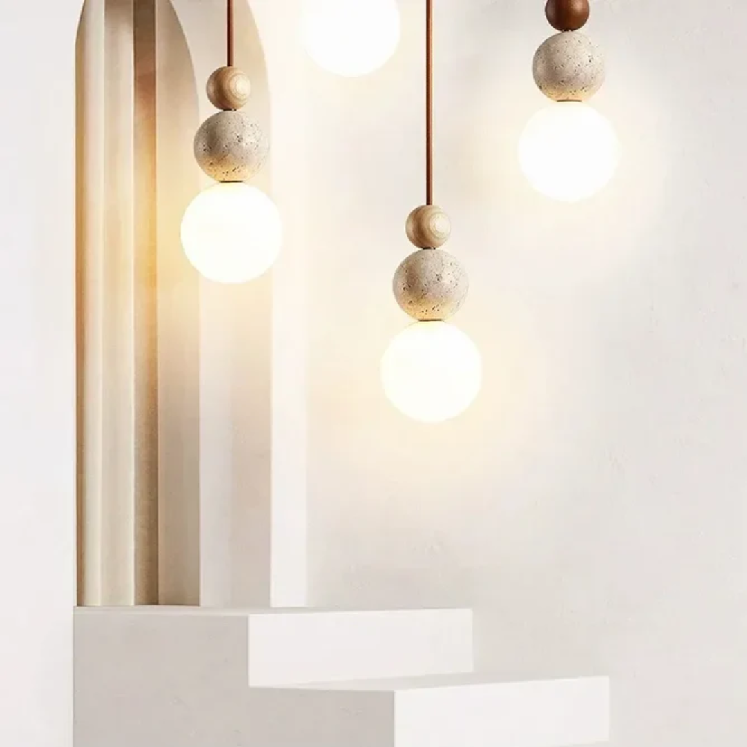 Moderne Travertin- en Mahonie Hanglamp - NaturaLuxe