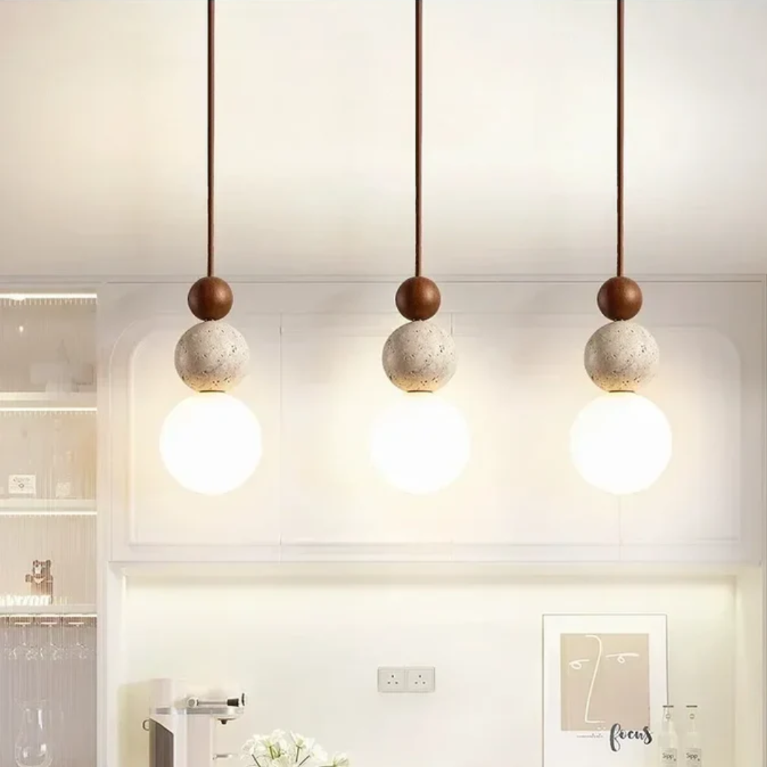 Moderne Travertin- en Mahonie Hanglamp - NaturaLuxe