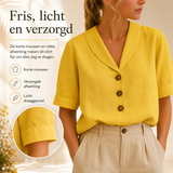 Celyra | Trendy Katoen en Linnen T-shirt voor Vrouwen | Comfortabel Vrouwen T-shirt Korte Lange Mouw | Envelophals Knoopdetails | Ademend en Stijlvol Katoen-Linnen Mix T-shirt voor Elke Dag