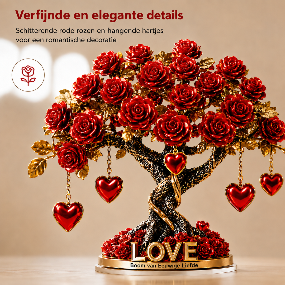 NOBLEHEART GEM – Elegante rozenboom van kristal in de vorm van een hart met gouden basis