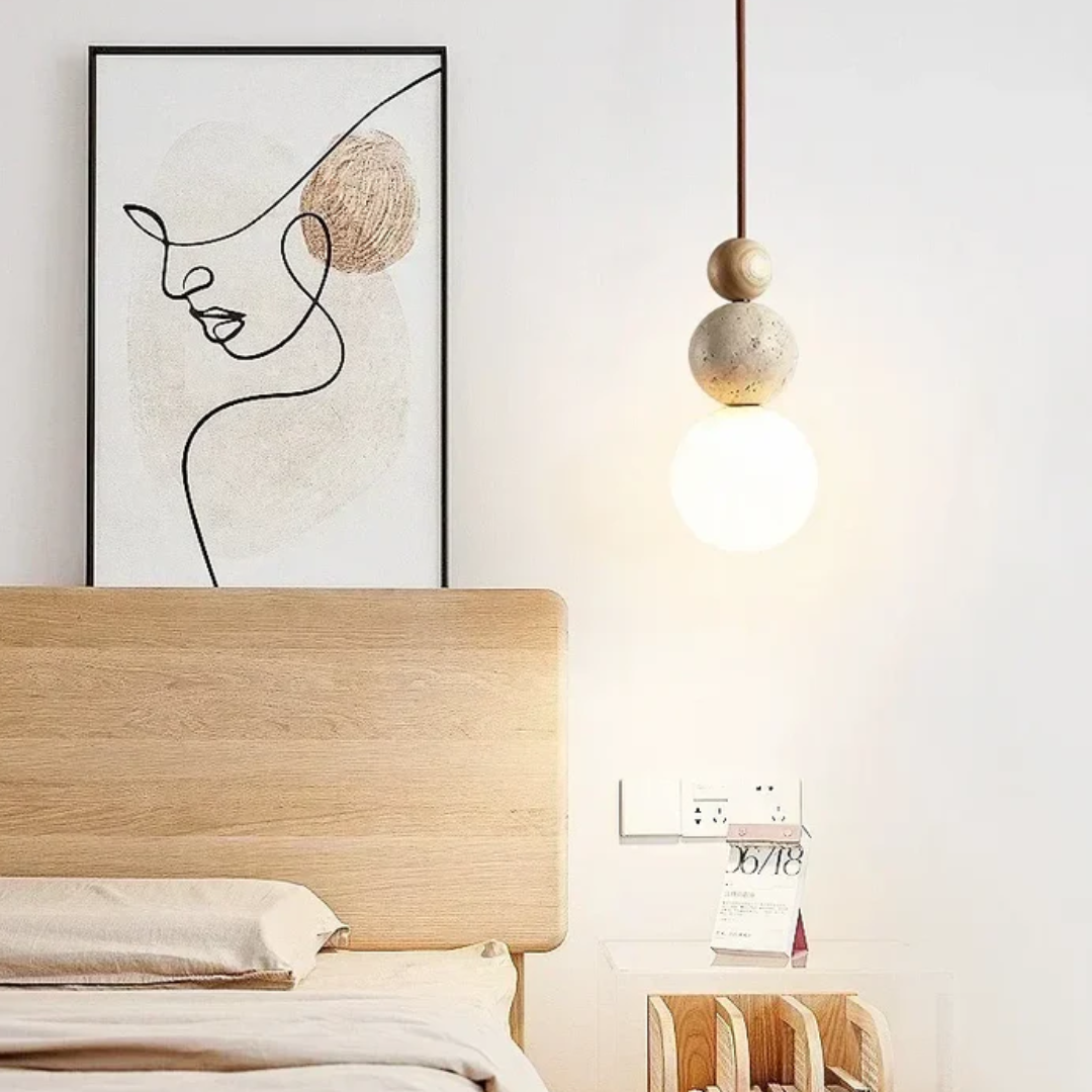 Moderne Travertin- en Mahonie Hanglamp - NaturaLuxe