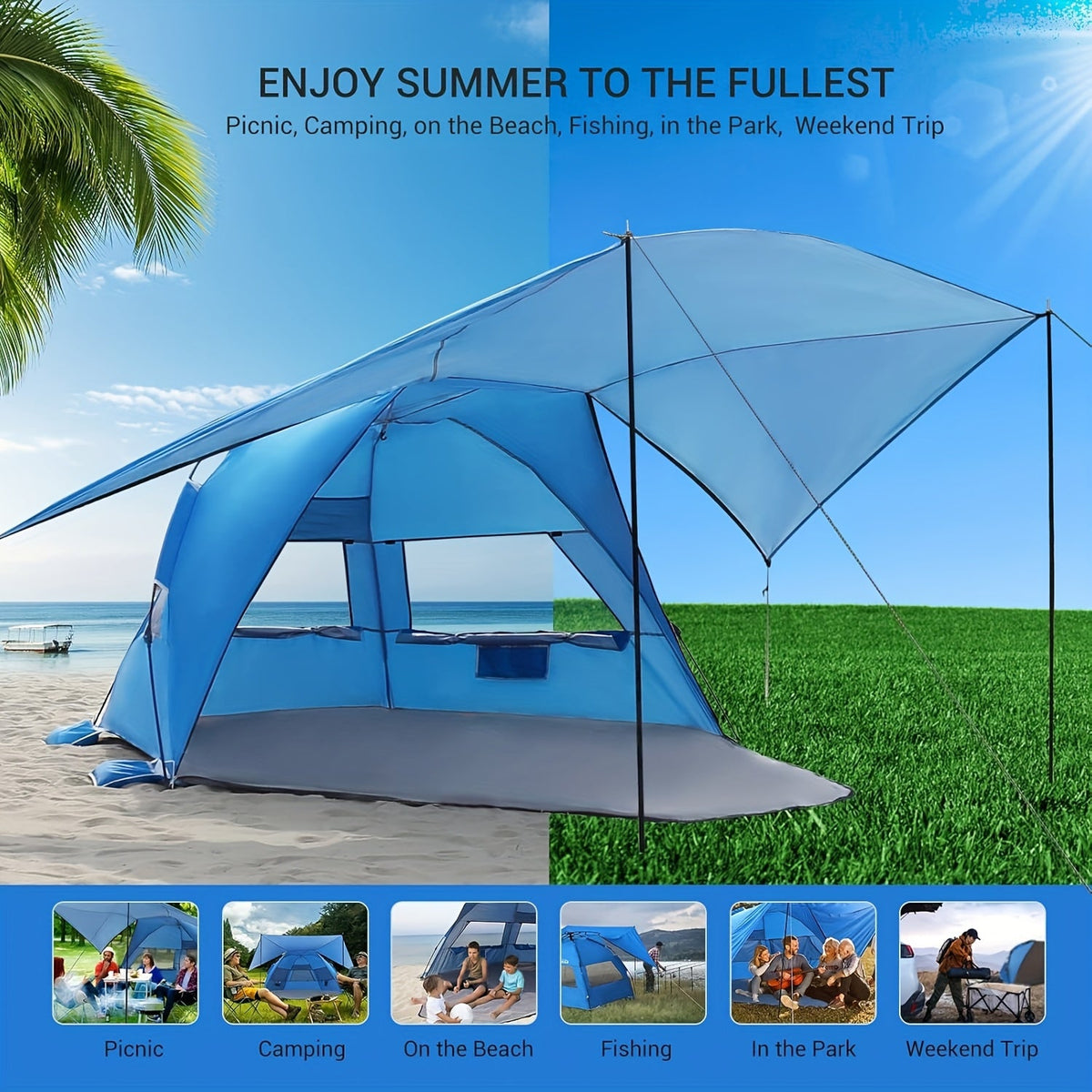 BreezeShield Strandtent – Lichtgewicht en Ruimtelijk voor 4-6 Personen