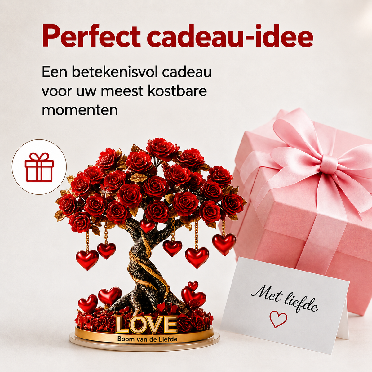 NOBLEHEART GEM – Elegante rozenboom van kristal in de vorm van een hart met gouden basis