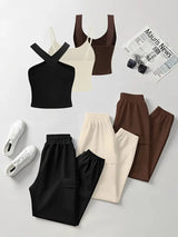6-delige Dames Casual Set voor Lente/Zomer van Gebreid Stoffen met Ronde Hals, Pocket en Elastische Taille, Polyester Blend