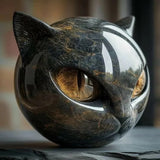 NoirCat Sculptuur | Hoogglans Hars Kat Hoofd Buste | Reflectieve Marmer-Gemodelleerde Afwerking | Hoog-Contrast Pupil Dilation Optiek | Desktop Anatomisch Feline Model | Niet-Poreus Gewogen Kunstobject
