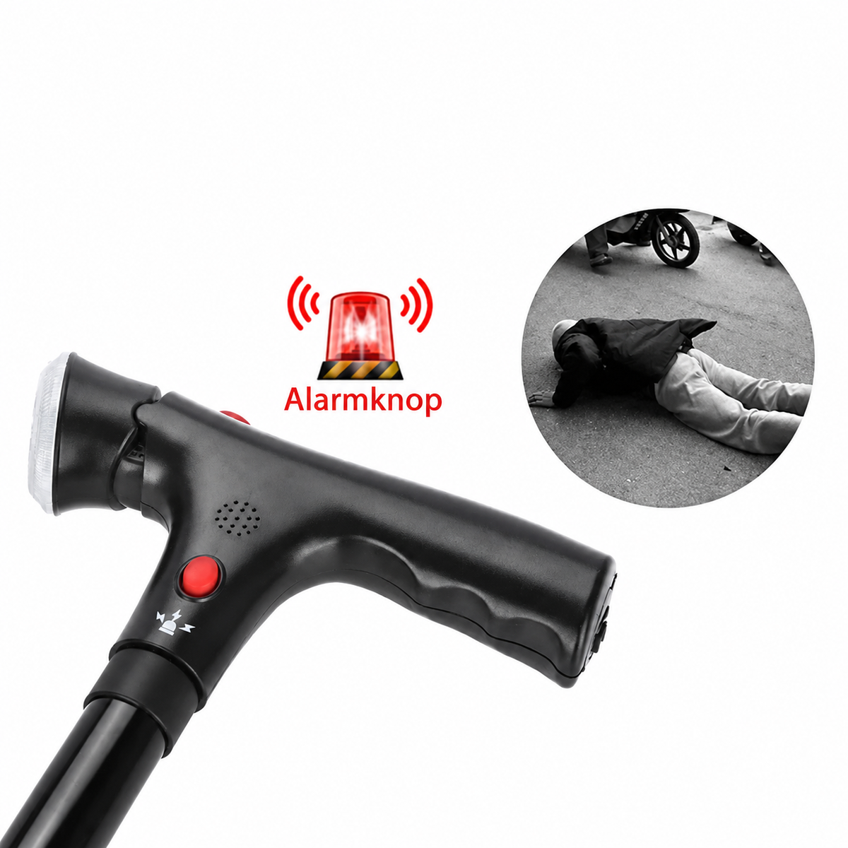Opvouwbare wandelstok met dubbele handgrepen, alarm & lamp