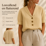 Celyra | Trendy Katoen en Linnen T-shirt voor Vrouwen | Comfortabel Vrouwen T-shirt Korte Lange Mouw | Envelophals Knoopdetails | Ademend en Stijlvol Katoen-Linnen Mix T-shirt voor Elke Dag